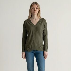 Suzy Shier Solid Olive Green V-Neck Tight Knit Sweater Blouse asymmetrical M